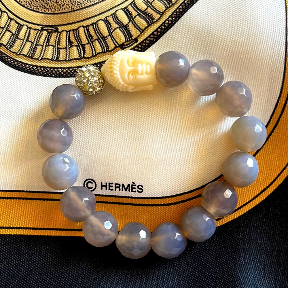 Faceted Gray Agate Bracelet With Buddha And Pave Ball